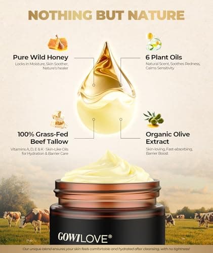 GOWILOVE 12Hr Moisture Lock Beef Tallow for Skin Care, Instant Redness Eraser Tallow and Honey Balm with 6 Botanical Rescue, Dewy Not Oily Face Cream Moisturizer Gift for Women Eczema Rosacea 3.04 Oz - Thumbnail 6