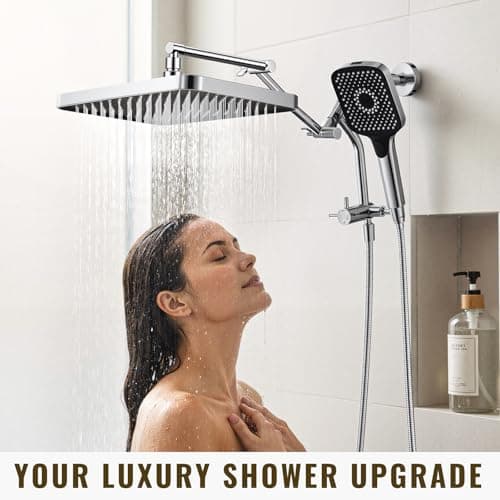 13-Inch Shower Heads with Multi-Function Handheld Sprayer Combo, 3-Way Metal Extended Diverter with Holder and Metal Adjustable Shower Extension Arm, Extra Long Hose(Chrome) - Thumbnail 2