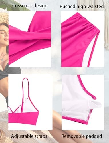 ZAFUL Women High Waisted Bikini Sets Pink Two Piece Swimsuit 2 Piece Push Up Twist Front Ruched Bathing Suit Hot Pink S - Thumbnail 6