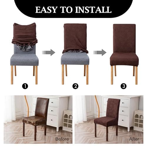 Genina Waterproof Dining Chair Covers Set of 2,Stretch Dining Room Chair Slipcovers with Leaf Jacquard,Removable Kitchen Chair Protector for Home,Restaurant,Banquet-Dark Brown - Thumbnail 6