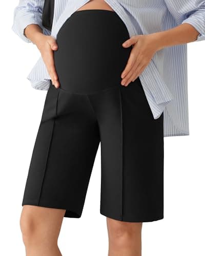 G4Free Maternity Shorts for Work with Side Pockets Over The Belly High Waisted Wide Leg Pregancy Shorts Summer Casual Office(Black,S,10'') - Image 1