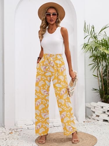 Heymoments Women's Wide Leg Lounge Pants with Pockets Floral Print Medium Lightweight High Waisted Adjustable Tie Knot Loose Comfy Casual Trousers - Thumbnail 5