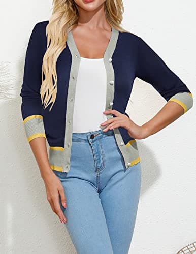 GRACE KARIN Women Color Block Cardigan Long Sleeve Button Down Knit Cardigan for Office Outfits(Contrast Dark Blue,S) - Thumbnail 3