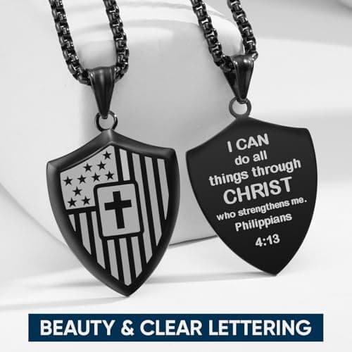 Christian Cross Bible Verse Necklace for Men - Shield American Flag Stainless Steel Chain Black Necklaces Religious Christian Catholic Jewelry Gifts for Men - Thumbnail 4