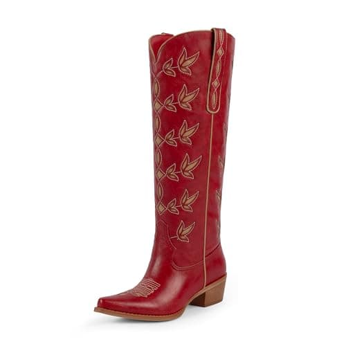 QIY Red Cowboy Boots for Women Embroidered Pointed Toe Cow Girl Classic Block Heel Nashville Knee High Western Cowgirl Boots Size 7 - Image 1