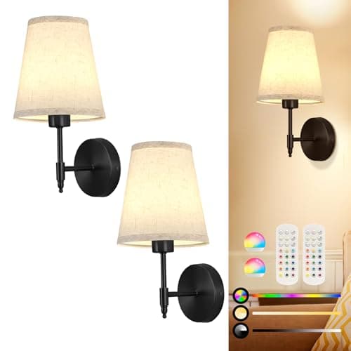 NOVCAND Battery Operated Wall Sconces,Fabric Linen Wall Sconces Set of Two with Remote Control,Rechargeable Wall Lamp for Bedroom Living Room Entryway,RGB 15 Colors Dimmable-Black - Image 1