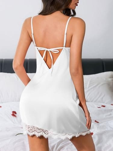 Kolagri Womens Sexy Satin Nightgown Spaghetti Strap Lace V Neck Lingerie Dress Slip Babydoll Chemise Sleep Wear White - Thumbnail 3