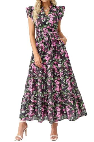 dowerme Women Summer Maxi Dresses 2026 Ruffle Sleeve V Neck Floral Boho Long Dress Belted Tiered Sundress with Pockets(Black Pink Floral,XX-Large) - Image 1