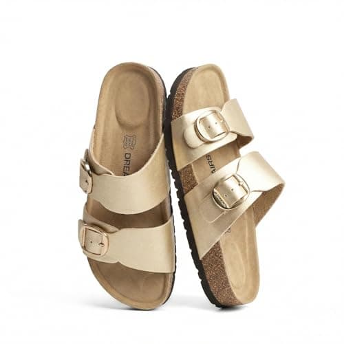 DREAM PAIRS Women's Slides Soft Genuine Footbed Sandals Comfortable Adjustable Double Buckle Slip-on Flat Sandals with Arch Support Frame Dual Slippers for Summer 2026,Size 10,Gold,SDSS26004W - Image 1