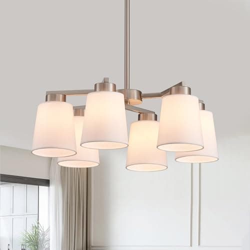 Majhoiw 22" Farmhouse Chandelier 6-Lights Modern Brushed Nickel Pendent Light with White Fabric Shade Boho Lighting Fixture for Kitchen Island Dining Room Entryway Foyer