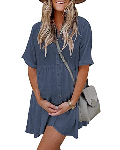 PYGFEMR Women's Summer Casual Dress Short Sleeve Babydoll Beach Sundress 2024 Button Down Dresses with Pockets Gray Blue S - Image 1