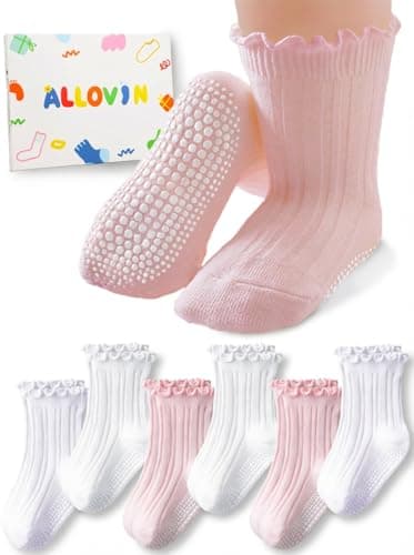 ALLOVIN 6 Pairs Non-Slip Ruffle Socks for Baby & Toddler Girls – Soft Cotton Grip Socks | Pure White/Off-White/Pink | 1-3 Years - Image 1