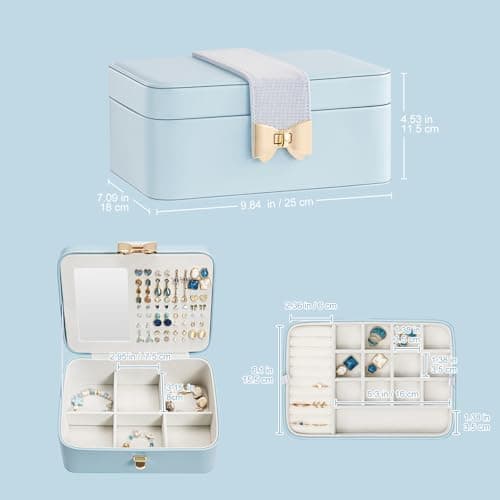 Lolalet 2 Layer Jewelry Box for Teen Girls & Young Women, Jewelry Organizer Case with Bow Clasp and Mirror for Earrings Rings Necklaces Storage, Gift Idea -Blue - Thumbnail 3