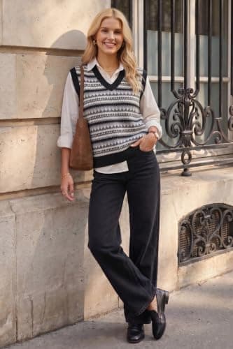 Arach&Cloz Women's Wool Blend Knit V Neck Loose Sleeveless Pullover Fair Isle Fashion Vintage Trendy Ribbed Casual Workwear Layering Sweater Vest Top Clothes Spring Fall Winter Black XXL - Thumbnail 6