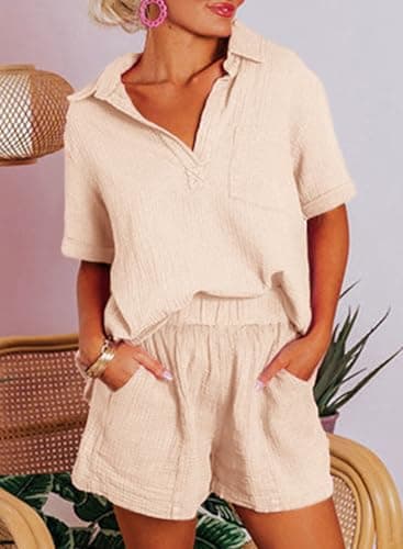 Dokotoo Two Piece Outfits for Women Summer Vacation 2026 Stylish V Neck Beach Short Sleeve Tops Matching Lounge Sets Cute Solid Tracksuits High Waist Shorts with Pockets Ladies Jumpsuits Peach L - Thumbnail 3