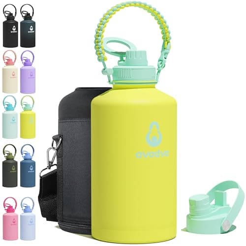 avodvo 1 Gallon Water Bottle with 2 Lids (2-in-1 Straw & Spout Lid, Magnetic Lid), Insulated Water Bottle with Strap, Stainless Steel Water Bottle for Hiking, Gym, Travel, BPA-Free, Yellow