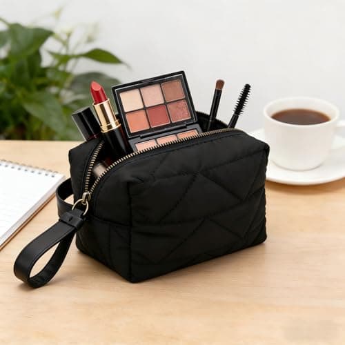 RCFJ b y K L A N D Quilted Makeup Bag Travel Cosmetic Bag, Soft Polyester Toiletry Bag for Women, Small Cosmetic Bag Portable Organizer with Dual Handle, Lightweight Storage Pouch - Thumbnail 4