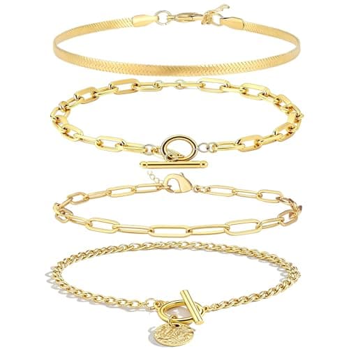 Alegend Bracelets Sets 14K Gold Plated Stackable Various Style Paperclip Chains to Toggle Clasp with Coin Charm Trendy - Image 1