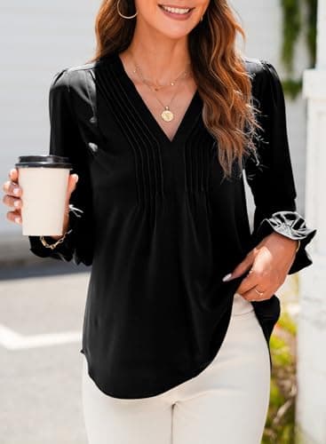 Dokotoo Womens Blouse Casual Basic Pleated Tops Long Puff Sleeve Fall Blouses Sexy V-Neck Loose Fit Black Shirt for Women 2026 Fashion Business Outifits Medium - Thumbnail 4