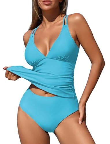 ZAFUL Two Piece Swimsuit for Women Modest Swimsuits for Women Solid Two Piece Bathing Suits Tummy Control Ruched Tankini 50s Retro Tankinis (Sky Blue XXL) - Image 1