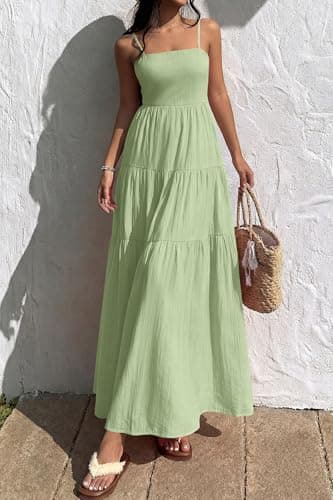 Okiwam Women's Summer Dress 2026 Casual Boho Sleeveless Spaghetti Strap Smocked Maxi Dress Ruffle Long Beach Sundresses-XXL Light Green - Thumbnail 2
