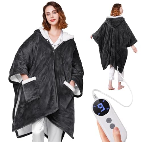 Yokimisu Wearable Heated Blanket - Cozy Gift for Women, Mom, Men| Reversible Flannel & Sherpa Electric Wrap with Pockets & Hood, 9 Heat Levels, 2-10H Timer, ETL Safe, Machine Wash, 50"x70" Grey - Image 1