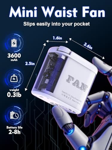 Transparent Mecha-style Wearable Waist Fan: USB-C Rechargeable 0-100 Wind Control, RGB Lighting, Detachable Belt Clip, 360° Rotation, for Shirt, Belt, Umbrella Handle, Handheld Use, 3-12 Hours - Thumbnail 3