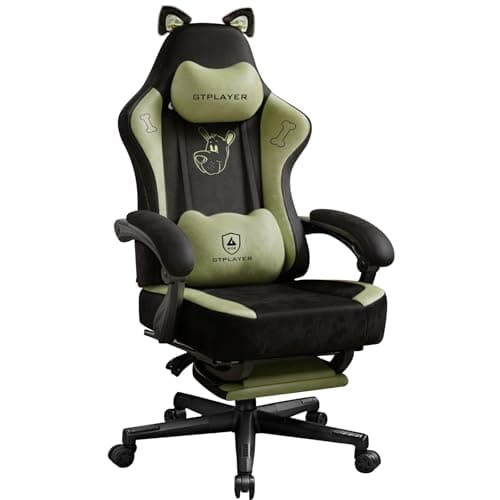 GTPOFFICE Cute Gaming Chair with Cat Ears, Ergonomic Computer Chair with Footrest Cat Paw Lumbar Support Comfortable Reclining Game Chair Desk Chair for Adult Teens, Soft Fabric, Green - Image 1