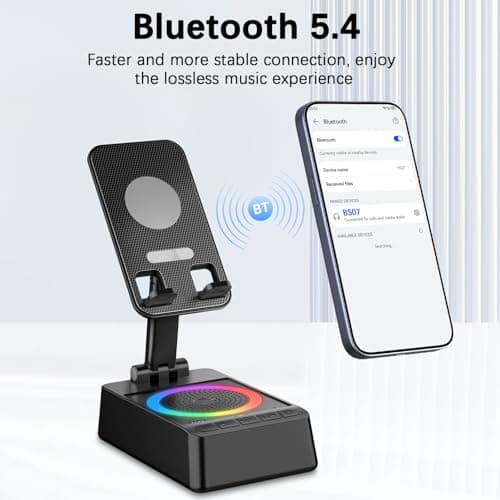 buwy Gifts for Men Women, Cell Phone Stand with Wireless Bluetooth Speaker and Colorful LED Lights, Anti-Slip Base HD Surround Sound, Rechargeable (3000mAh), Home and Outdoors Bluetooth Speaker Black - Thumbnail 6