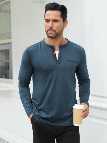 Hardaddy Men's Color Contrast Henley Shirt Long Sleeve Button T-Shirt Lightweight Henley Tshirt for Men Basic Pullover Shirt with Pocket Deep Blue XXL - Thumbnail 2