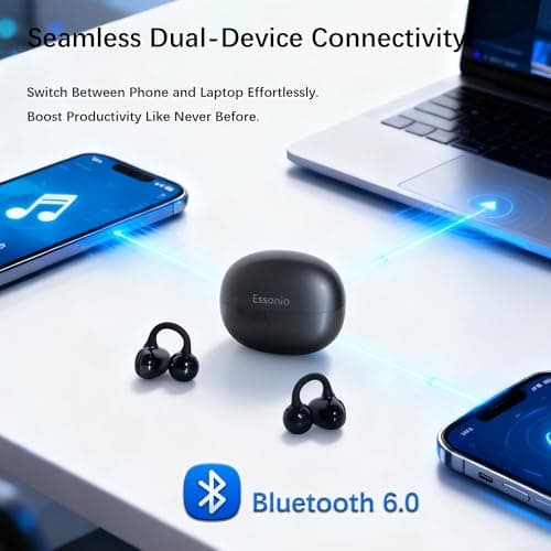 Open Ear M30 Earbuds, Bluetooth 6.0 Wireless Ultra Audio, ENC AI Air Conduction Headphones, 60H Playtime, Stereo Sound, Touch Control, Premium Clip-On Open-Ear Earphones for Office & Daily Use, Black - Thumbnail 6