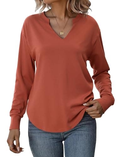 Totatuit Sweatshirts for Women V Neck Long Sleeve Shirts Loose Lightweight Curved Hem Casual Pullover Tops 2025 Fall caramel XX-Large - Image 1