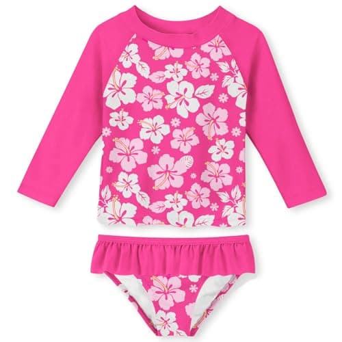 Funnycokid Toddler Girls Swimsuit 3T 4T Floral Bathing Suits 2 Piece Rash Guard Sets Long Sleeve Swimwear Hot Pink - Image 1