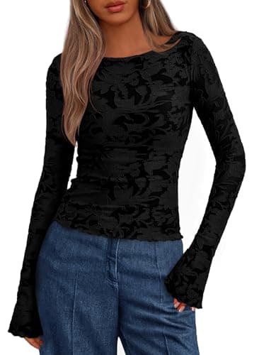 BTFBM Casual Long Sleeve Shirts Fall 2025 Going Out Tops for Women Trendy Floral Work Blouses Bodycon Tunics(Black,Large) - Image 1