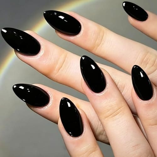 GLAMERMAID Pure Black Press on Nails Medium Almond, Gothic Dark Jelly Soft Gel Glue on Emo Nail, 32 Pcs Solid Black Short Stiletto Reusable Fake Nails, Acrylic Oval False Nails Manicure Kit for Women