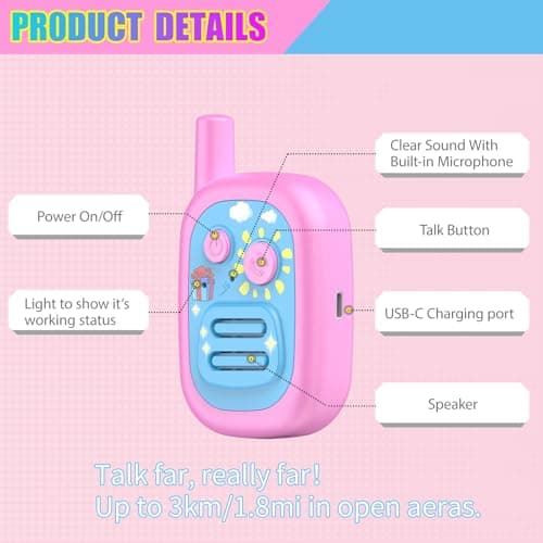 Walkie Talkies for Kids 2 Pack Rechargeable with 3 Miles Long Range, Toddler Walkies Talkies Pink Bule Toys Birthday for 3-8 Years Old Boys Girls for Outdoor Games Camping Hiking - Thumbnail 5