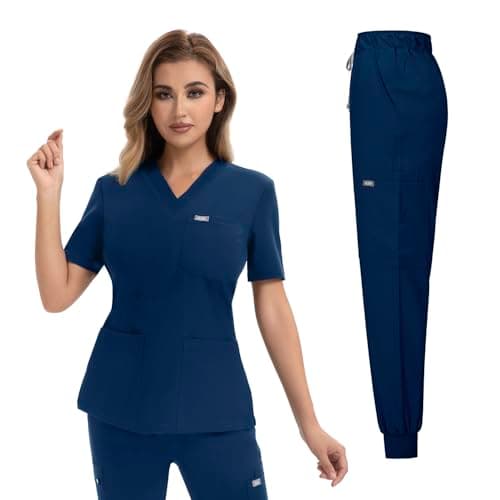 YEZEX Scrubs for Women Set, Medical Scrubs Top & Pants, Jogger Scrub Set w/ 10 Pocket, Slim Fit(Navy Blue) - Image 1