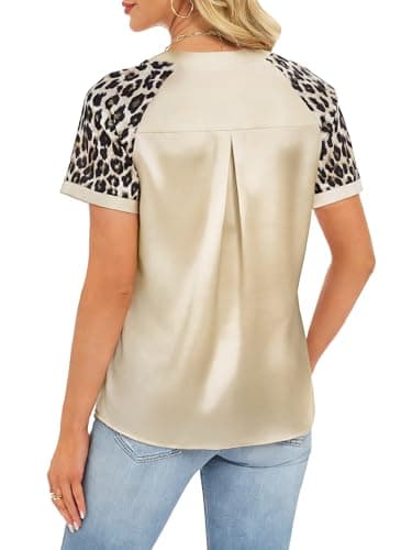 Funlingo Womens Satin Silk Leopard Print Tops Color Block Short Sleeve Shirts Dressy Casual Blouses V Neck Fashion Summer Outfits Vacations Beige M - Thumbnail 5