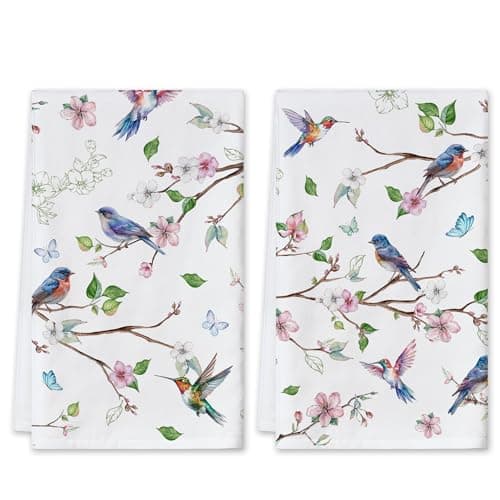 cusugbaso Lamb Easter Kitchen Towels Set of 2 Dish Towels for Kitchen,18x26 Inch Green Buffalo Plaid Easter Decor Sheep Spring Decoration (Floral Bird) - Image 1