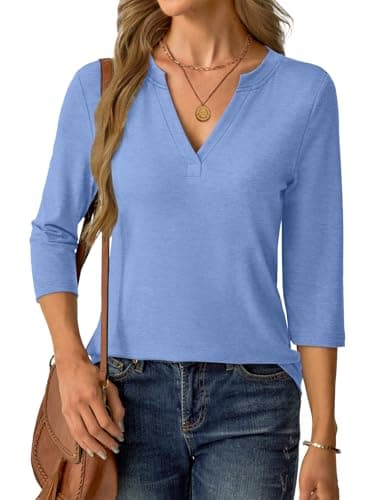 Womens Tops 3/4 Sleeve V Neck Spring Summer Work Tunic Shirts Business Dressy Casual Blouses A- Light Blue - Thumbnail 2