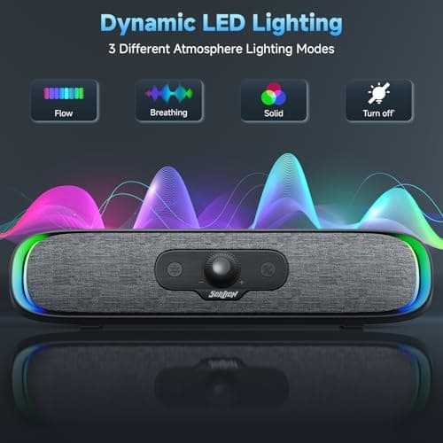 SOULION Computer Speakers, USB C/USB Powered PC Speaker with Colorful LED Lights, Plug-N-Play Wired Bluetooth Sound bar with Rotary Control for Desktop Laptop Monitor Office Work Music Black - Thumbnail 2