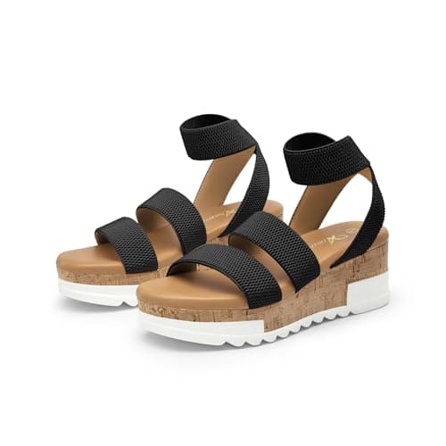 Athlefit Platform Wedge Sandals for Women Summer Open Toe Elastic Ankle Strap Comfortable Casual Black Sandals Size 5.5 - Image 1
