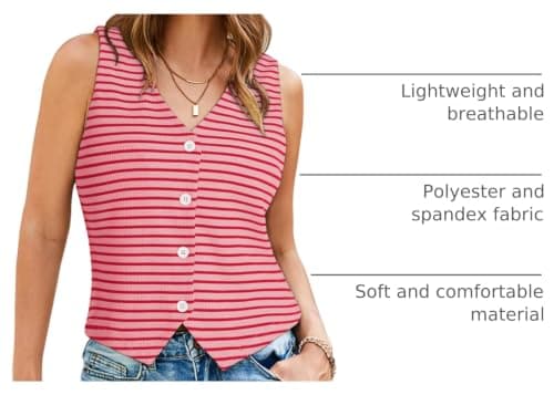 Pink Queen Women's Vintage Stripe Sleeveless Vest V Neck Button Up Waistcoat Casual Open Front Fashion Cardigan Blazer Jackets Pink Stripe L - Thumbnail 4