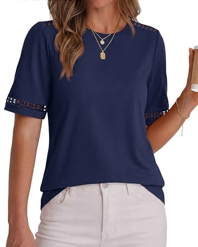 BTFBM Summer Tops for Women Lace Short Sleeve Shirt 2026 Spring Casual Loose Crew Neck Cotton Knit Cute Business Blouses(Navy Blue, Medium) - Thumbnail 5