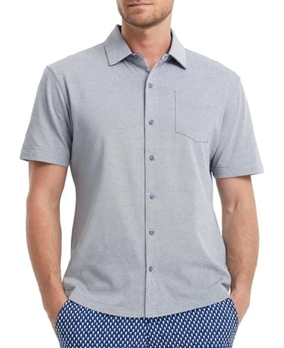 M MAELREG Mens Button Down Short Sleeve Shirt Lightweight Pique Collared Shirts for Men Summer Shirts with Pocket Dark Blue Heather - Image 1