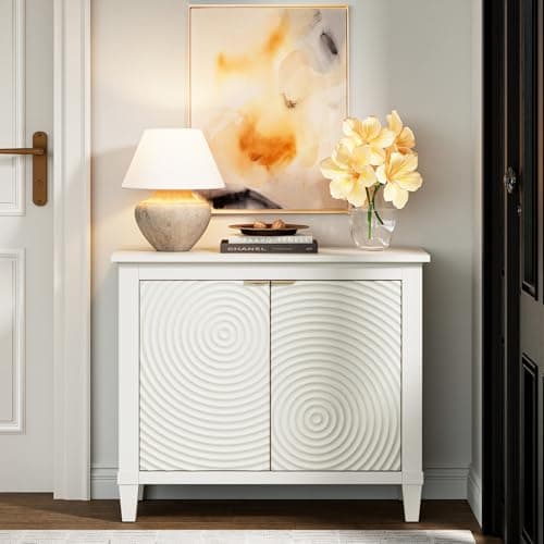 40" Coffee Bar Cabinet with Shelf, Craft Storage Cabinet with Doors, Wood Cabinet, Charming Carved Motif, Entry Way Cabinet with Storage, Sideboard Buffet for Living Room (Annual rings, White) - Image 1