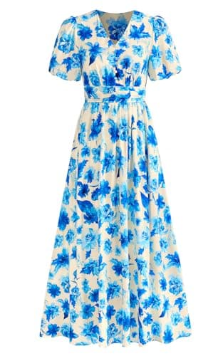 PRETTYGARDEN Womes Boho Maxi Dresses 2026 Summer Spring V Neck Puff Sleeve Empire Waist A Line Flowy Long Beach Floral Dress (White Blue Flower,XL) - Image 1