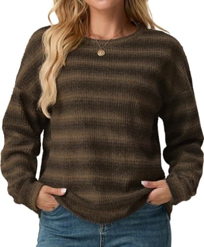 IWOLLENCE Women's Lightweight Waffle Knit Striped Long Sleeve Tops Crewneck Going Out Preppy Shirts Seniors Casual Loose Fall Sweaters Blouse 2025 Grey Coffee, 2XL