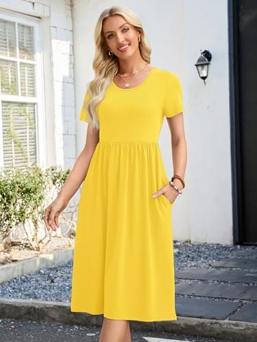 Heymoments Women Dresses Yellow Small Wedding Guest Crewneck Short Sleeve A line Casual Flowy Swing Cocktail Slimming Birthday Party Summer Travel Long Midi Dress with Pocket - Thumbnail 2