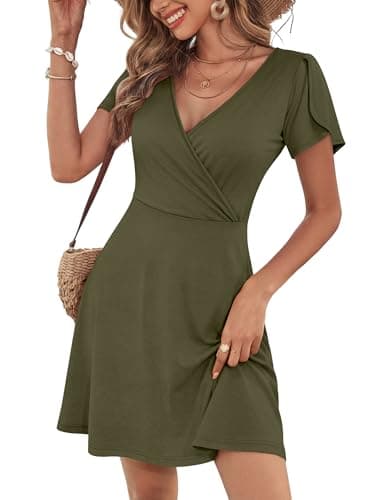 ANRABESS Womens Summer Dresses Short Sleeve Wrap V Neck A-Line Floral Mini Dress Causal Flowy Boho Beach Vacation Sundress Army Green M - Image 1